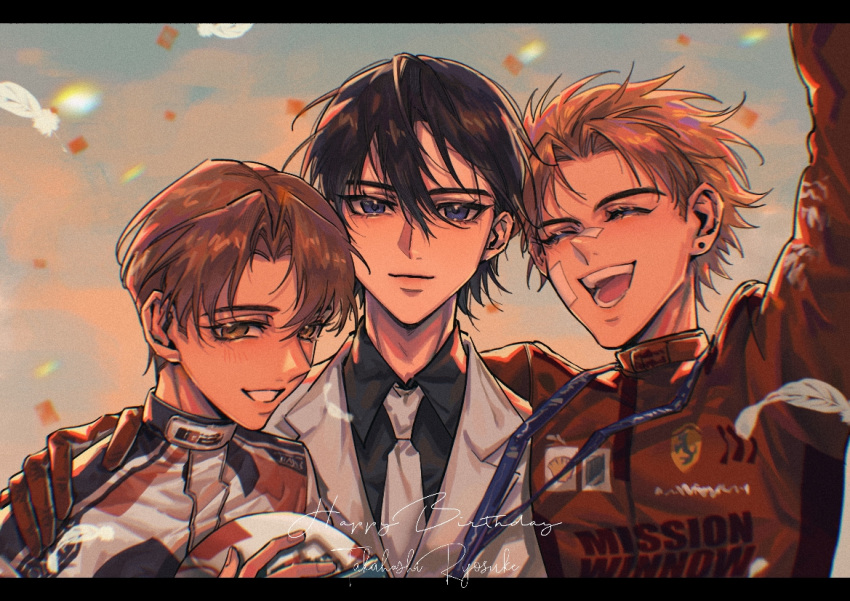 3boys ^_^ arm_around_shoulder black_hair blonde_hair blue_eyes brothers brown_eyes brown_hair closed_eyes cloud collared_shirt confetti ferrari fujiwara_takumi hair_behind_ear hair_between_eyes hand_on_another's_shoulder helmet holding holding_helmet initial_d jumpsuit lanyard letterboxed looking_at_viewer male_focus multiple_boys open_mouth parted_lips racing_suit red_jumpsuit shell_(company) shirt siblings sky smile takahashi_keisuke takahashi_ryousuke unworn_headwear unworn_helmet white_jumpsuit yejian_feixing