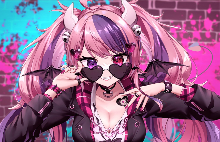 1girl ahoge black-framed_eyewear black_choker black_jacket black_nails breasts choker cleavage collared_shirt demon_girl demon_horns demon_tail demon_wings fang hair_ornament heart heart-shaped_eyewear heart_ahoge heart_hair_ornament heterochromia highres horns ichiko_1234 ironmouse ironmouse_(15th_costume) jacket large_breasts long_hair looking_at_viewer multicolored_hair multicolored_nails pink_hair pink_nails pointy_ears purple_eyes purple_hair red_eyes shirt smile solo streaked_hair sunglasses tail twintails virtual_youtuber vshojo white_shirt wings