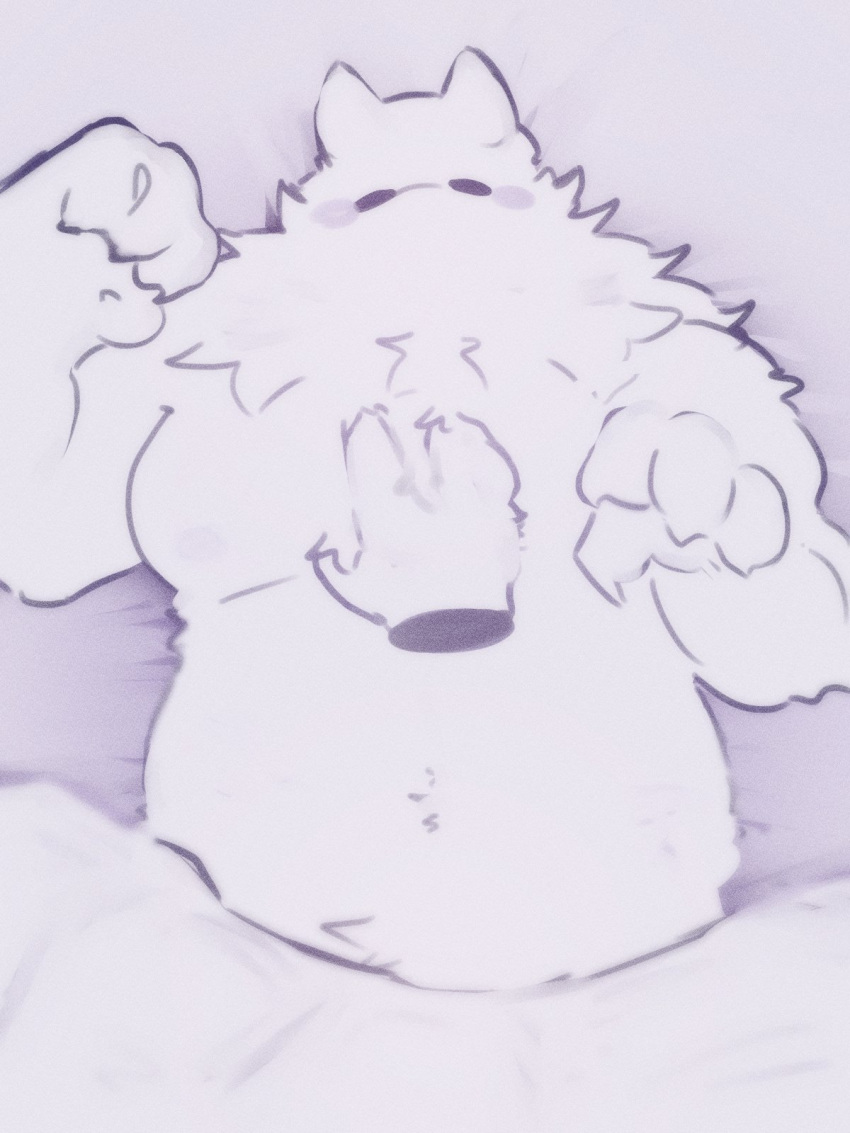 2024 3:4 3_fingers 4_fingers anthro belly_rub biped blanket_only blush bryookie disembodied_hand duo fingers fluffy fur hi_res lying male on_back overweight overweight_anthro overweight_male solo_focus species_request white_body white_fur