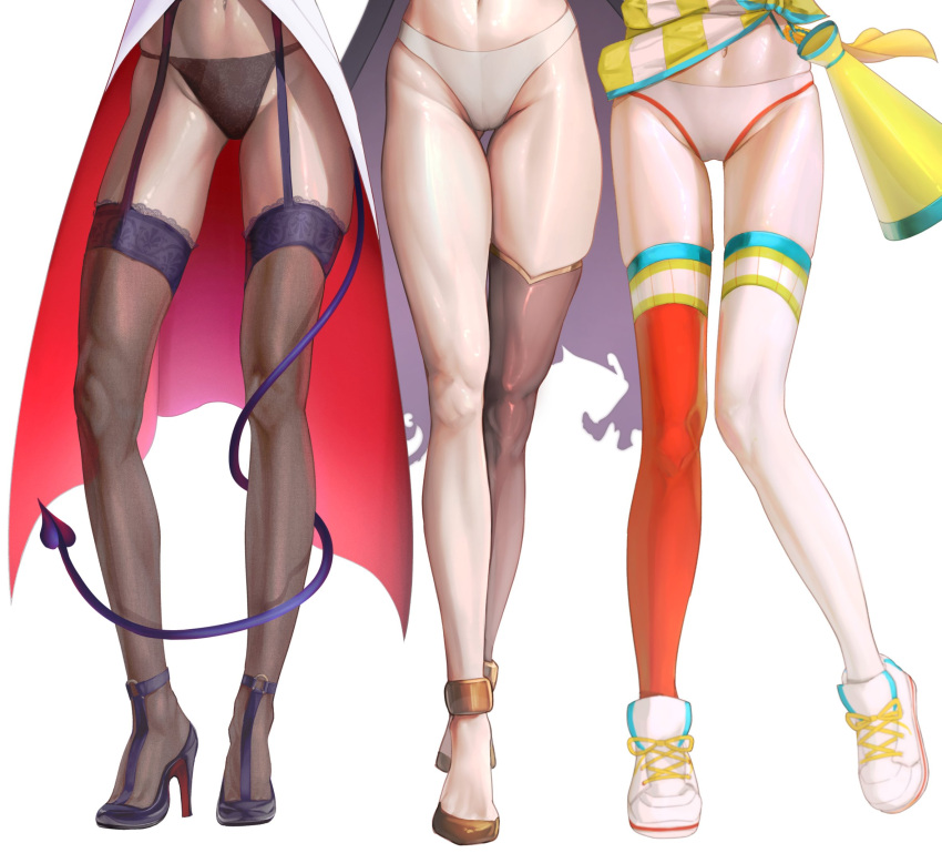 3girls ass_visible_through_thighs black_cape black_thighhighs cape contrapposto demon_girl demon_tail gold_footwear gold_trim groin high_heels highres hololive hololive_english lab_coat legs long_legs lower_body megaphone mori_calliope mori_calliope_(1st_costume) multiple_girls navel oozora_subaru oozora_subaru_(1st_costume) panties shiny_skin shirt shoes simple_background single_thighhigh skindentation sneakers solo spicyyrum standing striped_clothes striped_shirt tail tail_around_own_leg thigh_gap thighhighs thighs toe_cleavage torn_cape torn_clothes underwear upskirt virtual_youtuber wardrobe_malfunction white_background white_panties yuzuki_choco yuzuki_choco_(1st_costume)