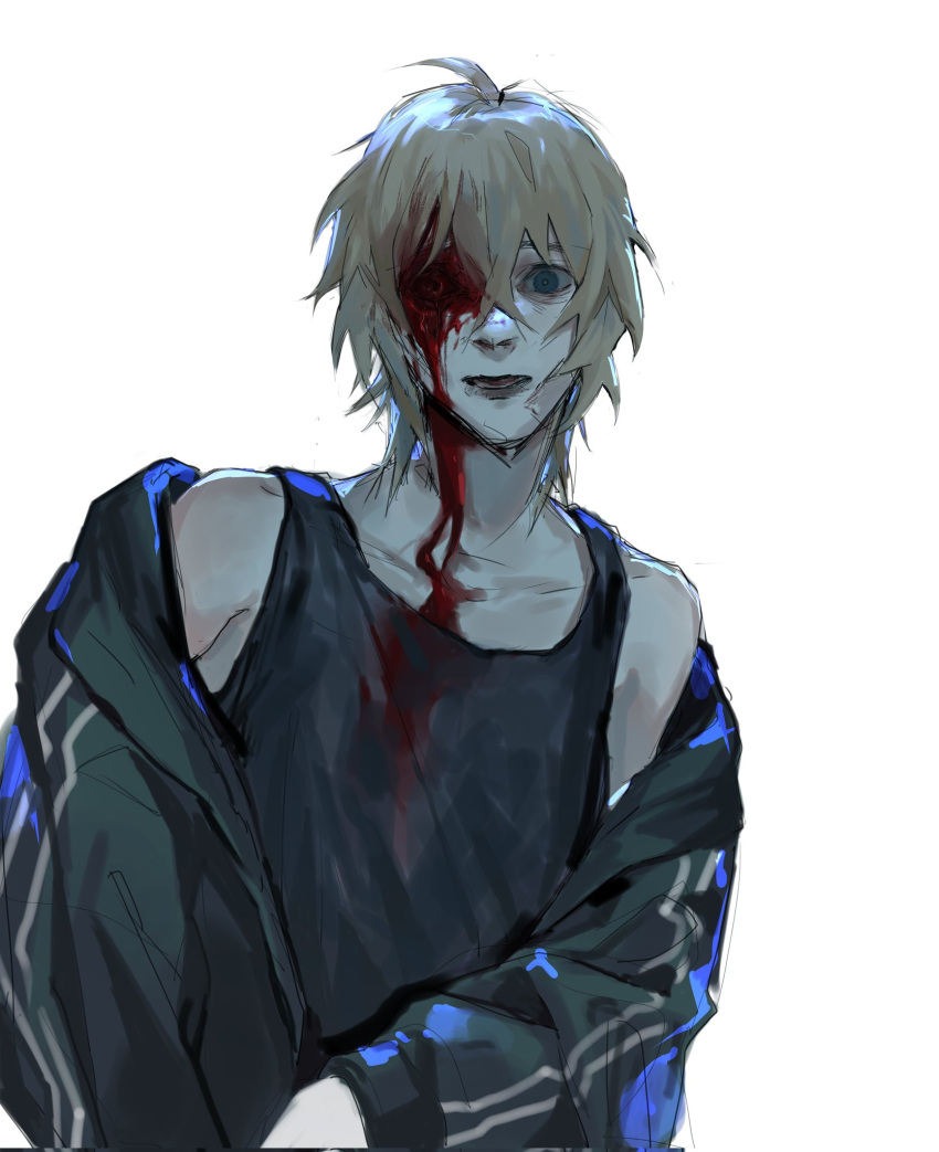 1boy bags_under_eyes bandage_on_face bandages blonde_hair blood blood_on_clothes blood_on_face collarbone crurry_(trenos_x) guro highres hood hoodie injury male_focus missing_eye scared short_sleeves slow_damage white_background wide-eyed