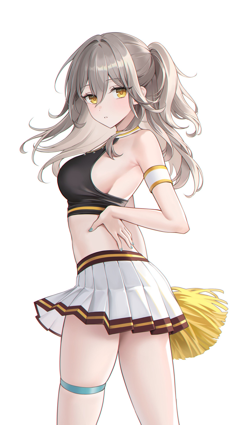 1girl absurdres alternate_costume alternate_hairstyle armband armpit_peek bare_shoulders breasts cheerleader chromatic_aberration commentary crop_top from_side grey_hair half_updo hand_on_own_hip highres honkai:_star_rail honkai_(series) large_breasts long_hair looking_at_viewer looking_back midriff miho_(mymiho) pleated_skirt pom_pom_(cheerleading) revision sideboob simple_background skirt solo stelle_(honkai:_star_rail) thick_thighs thigh_strap thighs trailblazer_(honkai:_star_rail) white_armband white_background white_skirt yellow_eyes