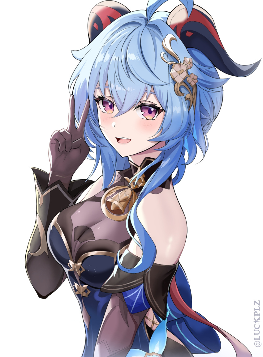 1girl :d ahoge bare_shoulders blue_dress blue_hair breasts commentary detached_sleeves dress ganyu_(genshin_impact) ganyu_(twilight_blossom)_(genshin_impact) genshin_impact gloves hair_ornament hand_up highres horns large_breasts long_hair long_sleeves looking_at_viewer luckplz official_alternate_costume open_mouth purple_eyes smile solo upper_body v