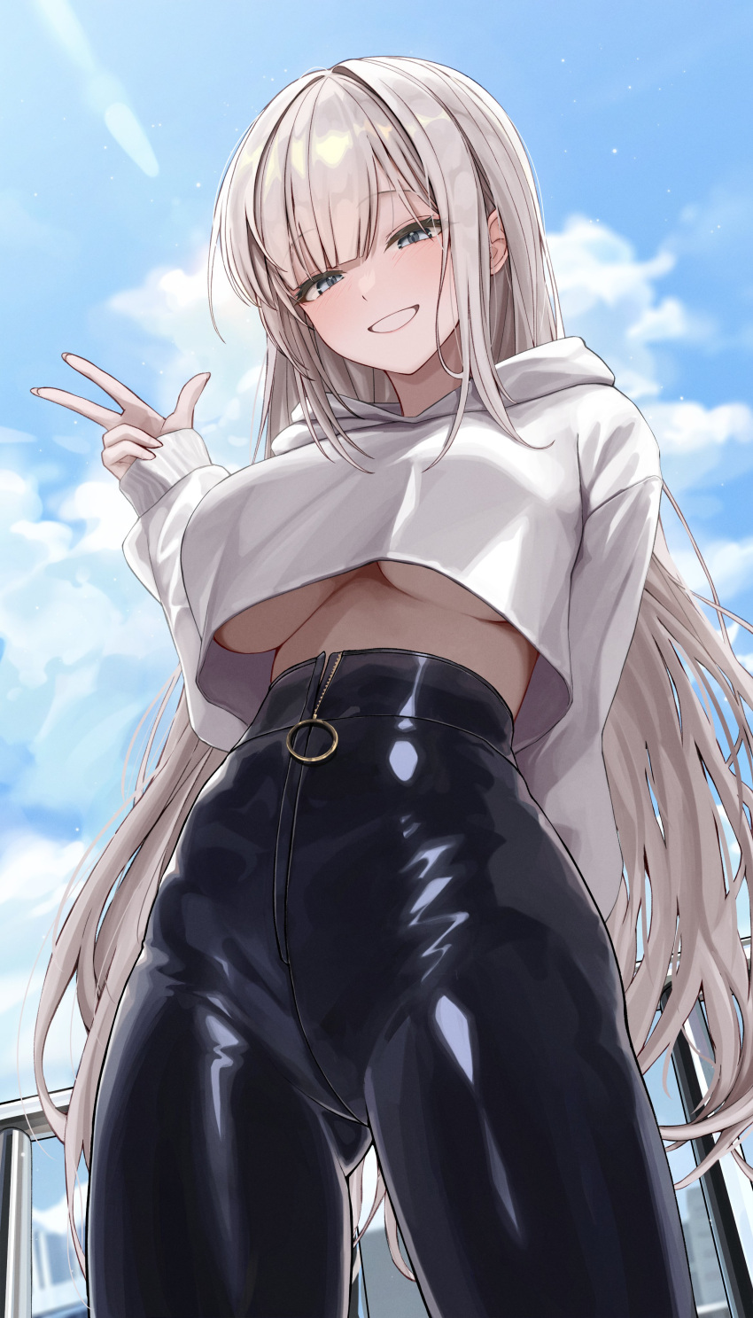 1girl absurdres aqua_eyes arm_behind_back ass_visible_through_thighs black_pants blue_sky blush breasts cloud cloudy_sky commentary_request cowboy_shot crop_top crop_top_overhang cropped_hoodie from_below grey_hair gwan-e hand_up highres hood hood_down hoodie latex_pants long_hair long_sleeves looking_at_viewer no_bra original outdoors pants parted_bangs puffy_long_sleeves puffy_sleeves sky smile solo underboob v white_hoodie