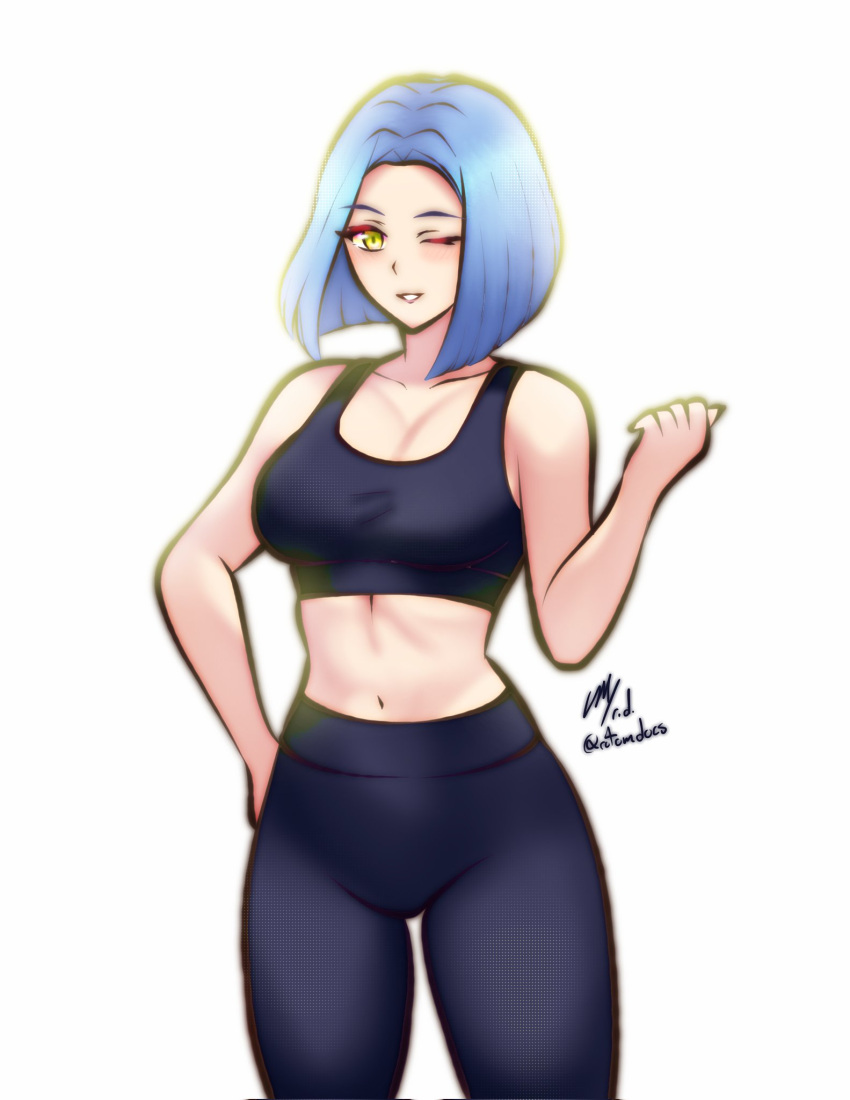 1girl arete_(fire_emblem) bare_shoulders black_sports_bra blue_hair bob_cut commission fire_emblem fire_emblem_fates hand_on_own_hip highres one_eye_closed pants rotomdocs smile solo sports_bra sportswear upper_body yellow_eyes yoga_pants