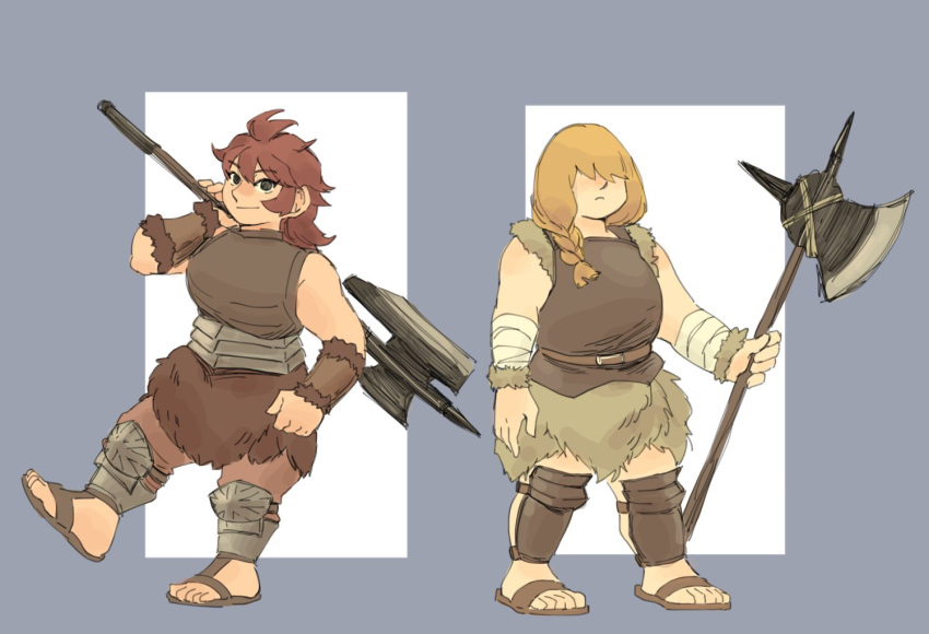 2girls arm_guards arm_wrap armor axe battle_axe belt blonde_hair braid chicken0205 closed_mouth covered_eyes dia_(dungeon_meshi) dungeon_meshi dwarf flip-flops full_body hair_over_eyes hair_over_shoulder hand_up holding holding_weapon long_hair looking_at_viewer medium_hair multiple_girls namari_(dungeon_meshi) outside_border pants pelt plate_armor red_hair red_pants sand sandals shin_guards sleeveless standing standing_on_one_leg weapon