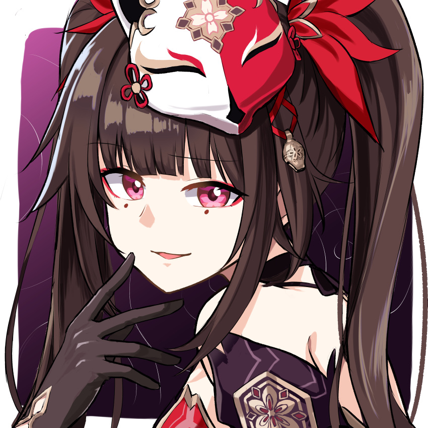 1girl :d absurdres bare_shoulders black_choker black_gloves border bow brown_hair choker dress eyeliner fox_mask from_side gloves hair_bow hand_to_own_mouth highres honkai:_star_rail honkai_(series) long_bangs looking_at_viewer makeup mask mask_on_head nuun_(poipiku_88549) open_mouth outside_border pink_eyes portrait red_bow red_dress red_eyeliner sleeveless sleeveless_dress smile solo sparkle_(honkai:_star_rail) twintails white_border