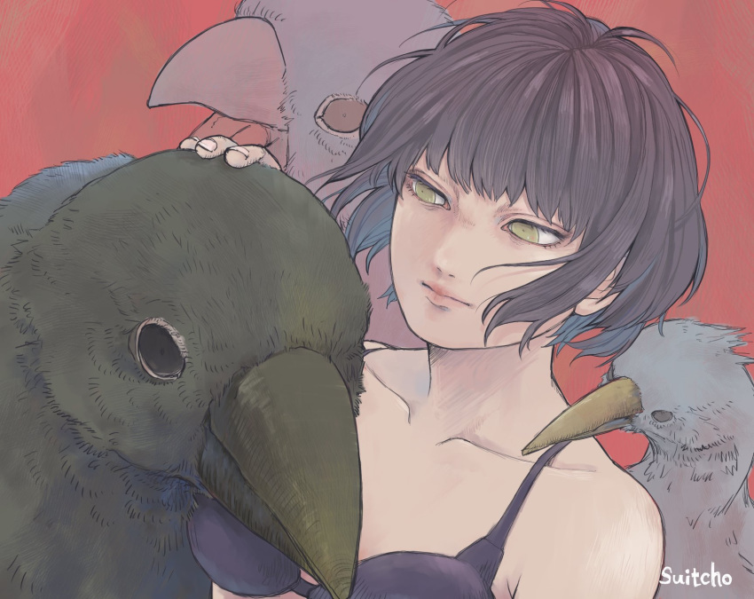 1girl animal bird black_bra black_hair bob_cut bra breasts collarbone commentary_request green_eyes highres lips original oversized_animal red_background signature small_breasts smile suittyo_sama underwear upper_body