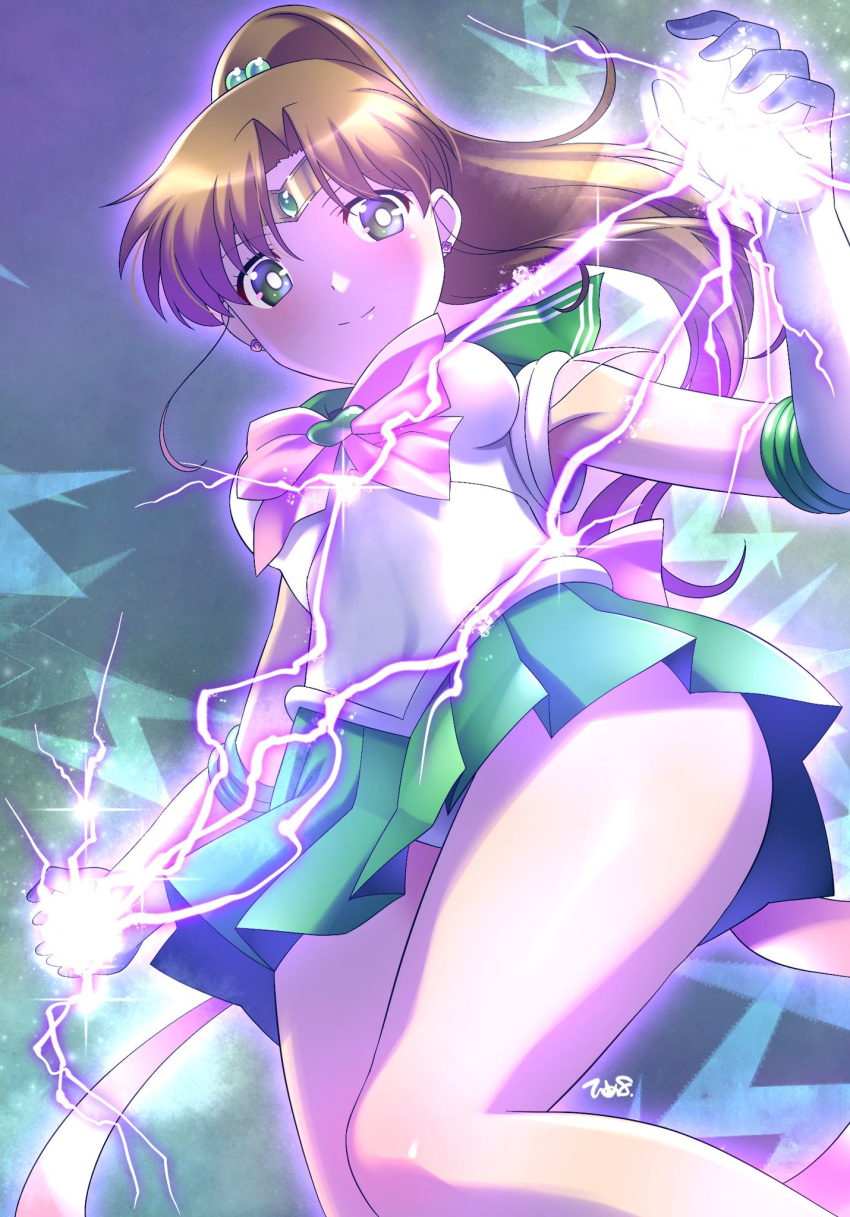 1girl armpits bishoujo_senshi_sailor_moon bow bowtie brown_hair choker circlet earrings elbow_gloves gem gloves green_eyes green_gemstone green_sailor_collar green_skirt hair_bobbles hair_ornament highres himewachi jewelry kino_makoto leotard long_hair magical_girl pink_bow pink_bowtie ponytail sailor_collar sailor_jupiter sailor_senshi sailor_senshi_uniform skirt smile solo thunder tiara white_gloves