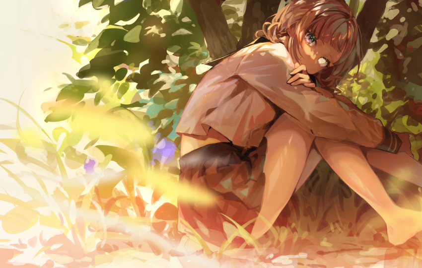 1girl asahi_yuuji barefoot brown_hair brown_skirt commentary day feet_out_of_frame from_side grass hand_on_own_arm heterochromia highres hugging_own_legs knees_up long_sleeves looking_at_viewer looking_to_the_side midriff miniskirt mismatched_pupils nature on_ground original outdoors outstretched_arm pleated_skirt purple_eyes school_uniform serafuku shirt skirt solo symbol-only_commentary white_shirt