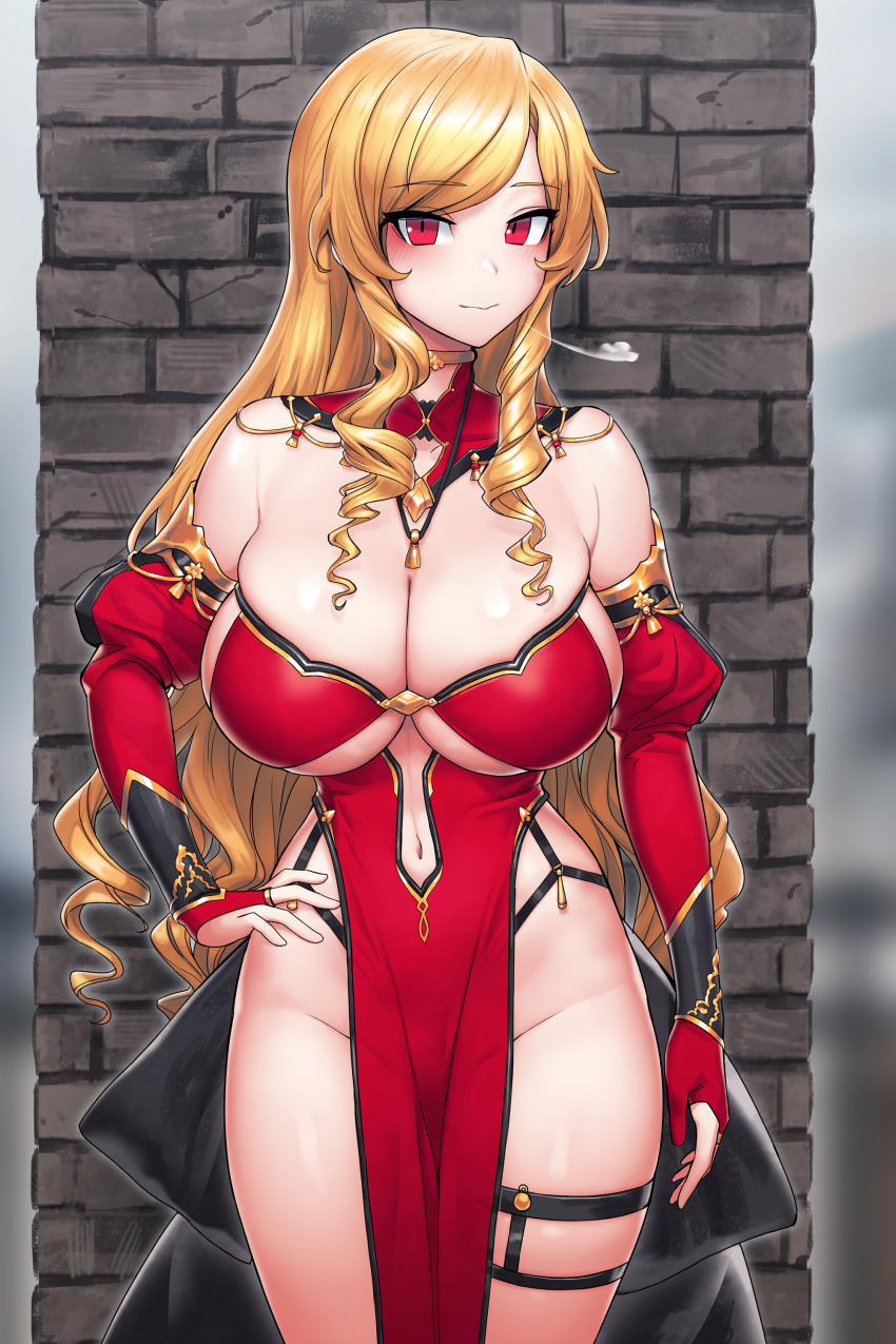 1girl absurdres bare_shoulders blonde_hair blush breasts breath brick_wall cain_(gunnermul) center_opening choker cleavage closed_mouth clothing_cutout commentary_request detached_collar detached_sleeves dress drill_hair hand_on_own_hip hands_on_own_hips highres huge_breasts isekai_milf_hunter jewelry korean_commentary light_smile long_hair looking_at_viewer looking_to_the_side navel navel_cutout original pelvic_curtain red_dress red_eyes revealing_clothes sigh skindentation solo strapless strapless_dress swept_bangs thigh_strap thighs