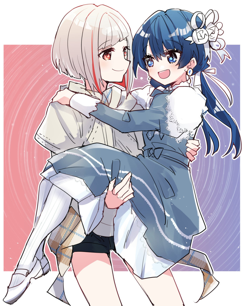 2girls :d black_shorts blue_dress blue_eyes blue_hair blush border carrying colored_inner_hair diagonal_bangs double-parted_bangs dress earrings eye_contact flower gradient_background hair_flower hair_ornament hand_on_another's_back hand_on_another's_shoulder highres hood hood_down hoodie jewelry kanduki_kamibukuro link!_like!_love_live! long_hair long_sleeves looking_at_another love_live! mary_janes mole mole_on_neck multicolored_background multicolored_hair multiple_girls murano_sayaka official_alternate_costume open_mouth outside_border plaid plaid_shirt princess_carry red_eyes red_hair shirt shoes short_hair shorts smile socks streaked_hair teeth twintails two-tone_dress two-tone_hair upper_teeth_only white_border white_hair white_hoodie white_socks yugiri_tsuzuri yuri