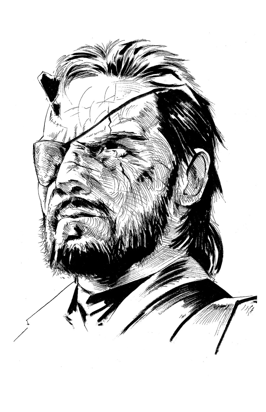 1boy big_boss bill_couture eyepatch horn male_focus metal_gear_(series) metal_gear_solid scar sketch venom_snake