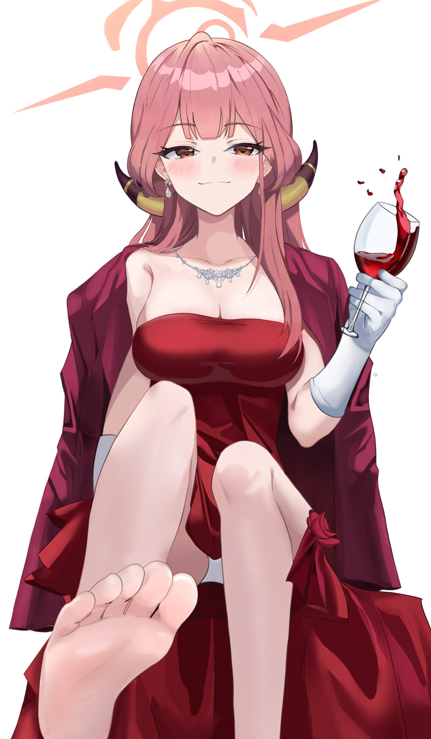 1girl absurdres armpit_crease aru_(blue_archive) aru_(dress)_(blue_archive) barefoot blue_archive blush breasts brown_eyes cleavage closed_mouth collarbone cup double-parted_bangs dress drinking_glass earrings elbow_gloves eyelashes feet foot_focus foot_out_of_frame gloves halo hand_up highres holding horns impossible_clothes impossible_dress jacket jacket_on_shoulders jewelry knee_up large_breasts long_hair mosaic0614 necklace panties pink_hair pink_halo red_dress shadow simple_background sitting smile soles solo toes underwear white_background white_gloves white_panties wine_glass