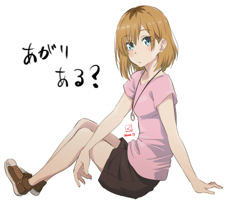 1girl :/ blue_eyes blush full_body jewelry light_brown_hair looking_at_viewer miyahara_takuya miyamori_aoi multicolored_hair necklace pink_shirt roots_(hair) shirobako shirt shoes short_hair shorts simple_background sitting sneakers solo white_background