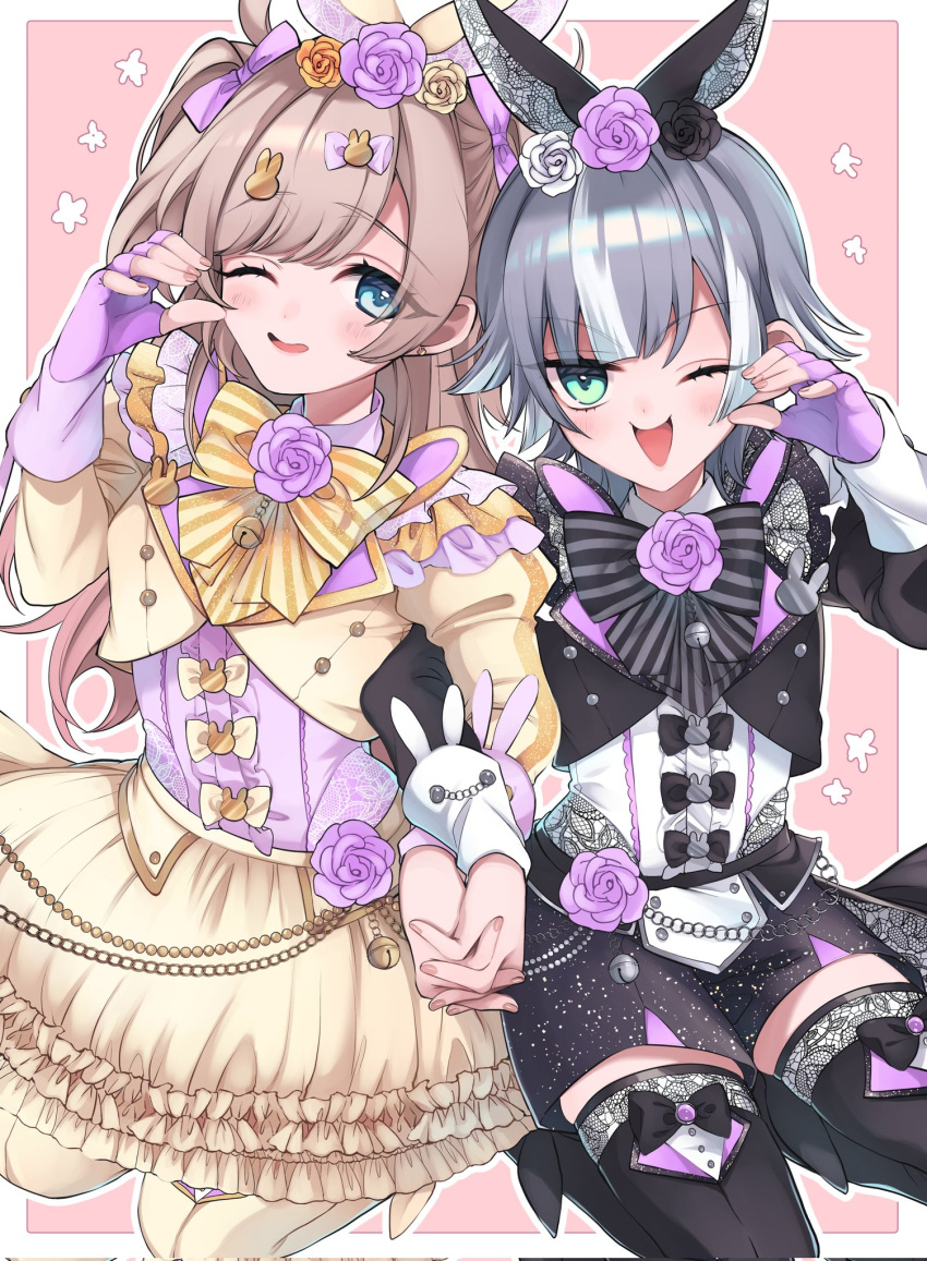 2girls ;&gt; alternate_costume animal_ears aqua_eyes blonde_hair blue_eyes blush bow fake_animal_ears fingerless_gloves flower gloves grey_hair hair_ornament hifumi_suu highres holding_hands kedarui_aashii kimi_no_koto_ga_dai_dai_dai_dai_daisuki_na_100-nin_no_kanojo kngu0511 lolita_fashion long_hair looking_at_viewer multiple_girls one_eye_closed open_mouth rabbit rose side_ponytail skirt smile white_hair zettai_ryouiki