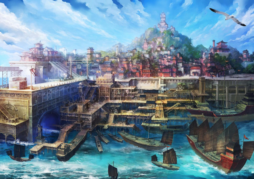 architecture bird blue_sky building city cloud east_asian_architecture mountain no_humans ocean official_art scenery second-party_source ship sky water watercraft xianjian_qixia_zhuan