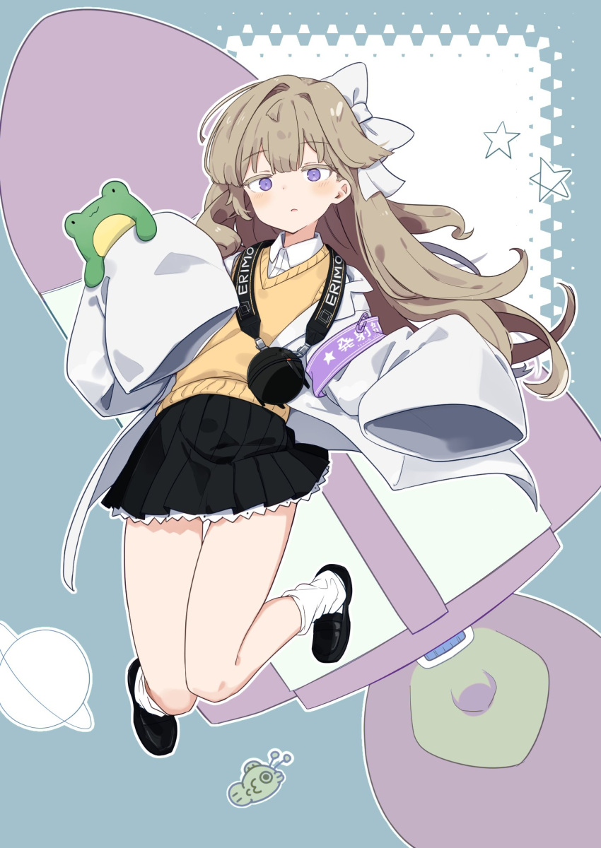 1girl armband black_footwear black_skirt blue_background blush bow erimo_kudryavka floating frog full_body hair_bow highres indie_virtual_youtuber lab_coat light_brown_hair loose_socks outline parted_lips rocket_ship safety_pin shirt simple_background skirt sleeves_past_fingers sleeves_past_wrists socks solo spacecraft sweater_vest totomono white_bow white_outline white_shirt white_socks yellow_sweater_vest