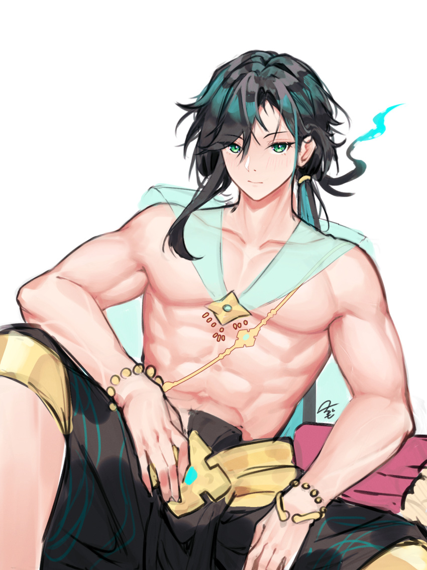 1boy abs algorhythm_project aqua_hair black_hair black_pants evalia_(algorhythm_project) genderswap genderswap_(ftm) green_eyes highres jewelry kongka_(endless_echo) long_hair multicolored_hair muscular muscular_male pants ribura_(limezstariouz) solo thai_clothes topless_male virtual_youtuber