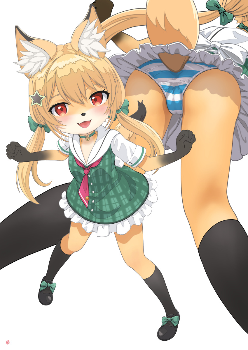 1girl absurdres animal_ear_fluff animal_ears animal_nose ass black_footwear black_socks blonde_hair blue_panties bow breasts cameltoe commentary_request commission dress fangs footwear_bow fox_ears fox_girl fox_tail furry furry_female green_bow green_dress hair_between_eyes hair_ornament highres kneehighs long_hair looking_at_viewer mtu_virus multiple_views nao_suke open_mouth orange_fur original panties plaid plaid_dress red_eyes short_dress short_sleeves simple_background skeb_commission small_breasts socks star_(symbol) star_hair_ornament striped_clothes striped_panties tail tail_through_clothes twintails underwear vrchat white_background