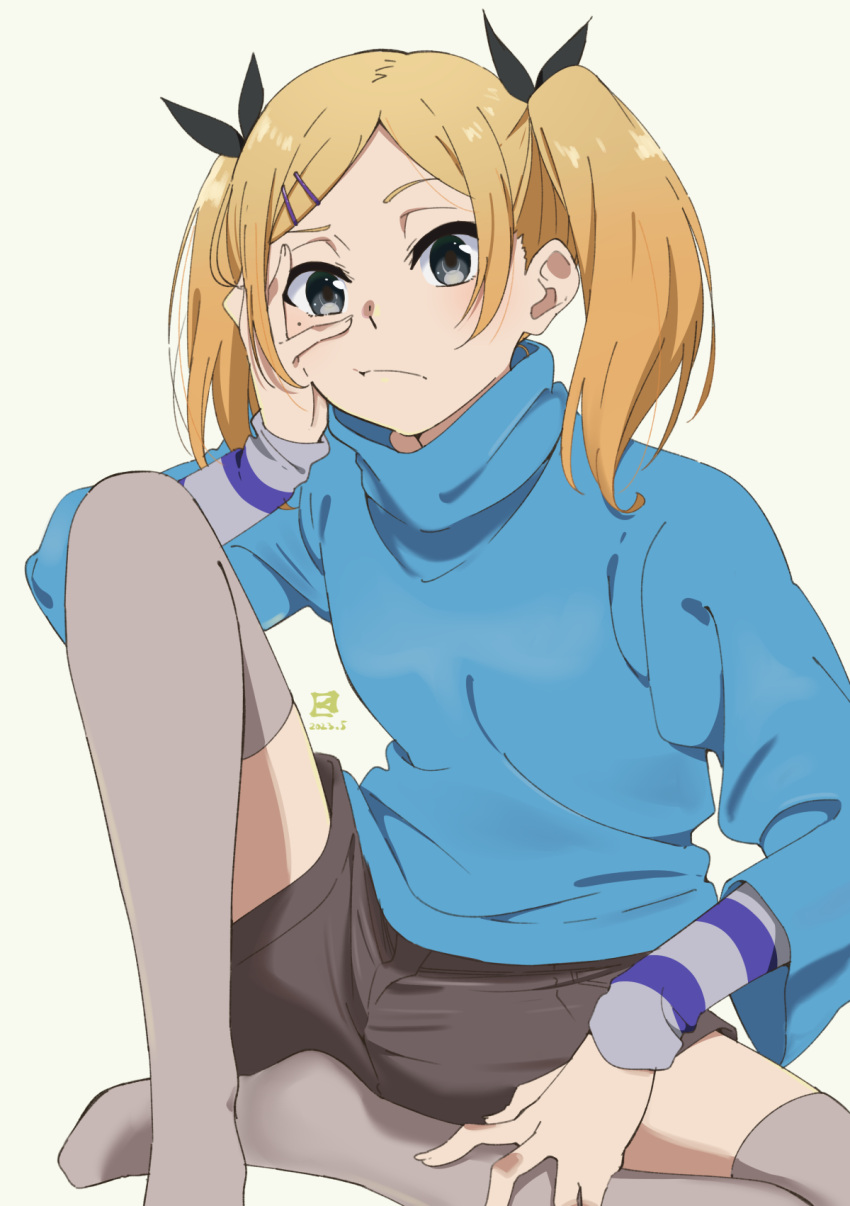 1girl :/ blonde_hair blue_sweater grey_eyes grey_thighhighs hair_ornament hairclip highres looking_at_viewer miyahara_takuya mole mole_under_eye shirobako shorts sitting solo sweater thighhighs turtleneck twintails yano_erika