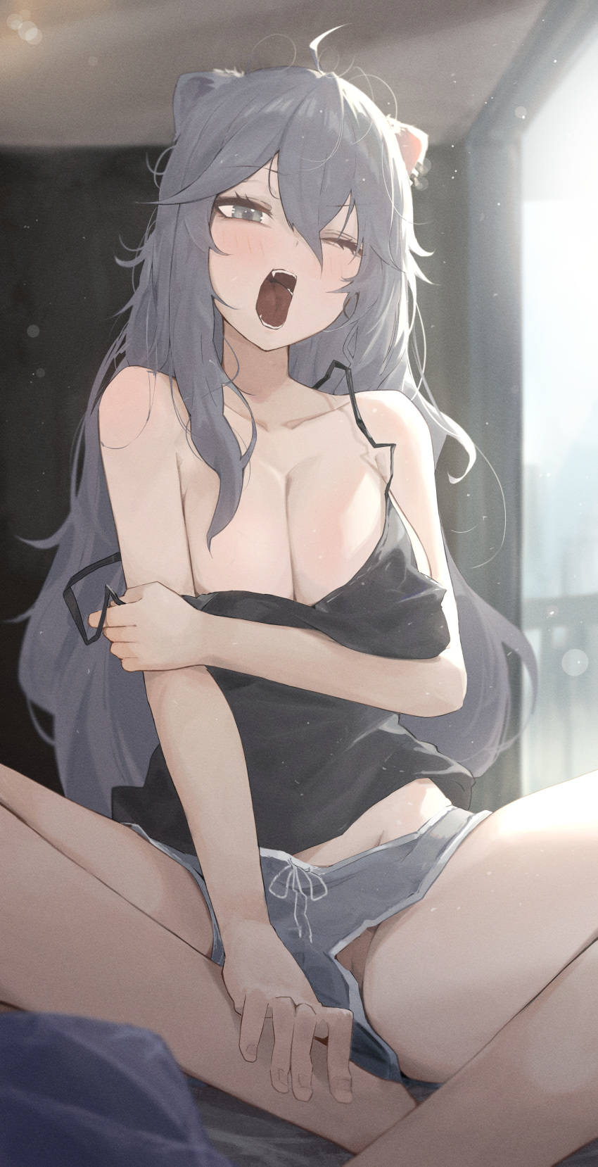 1girl ;d absurdres animal_ear_piercing animal_ears bare_arms bare_legs bear_ears black_camisole blurry bokeh breasts camisole collarbone depth_of_field eyelashes grey_eyes grey_hair grey_shorts groin hair_between_eyes hand_on_own_arm highres hololive indoors large_breasts light_particles long_hair looking_at_viewer menomeno_draw one_eye_closed open_mouth pussy pussy_peek shishiro_botan shorts sidelocks sitting smile solo spaghetti_strap strap_slip sunlight teeth tongue virtual_youtuber window yawning