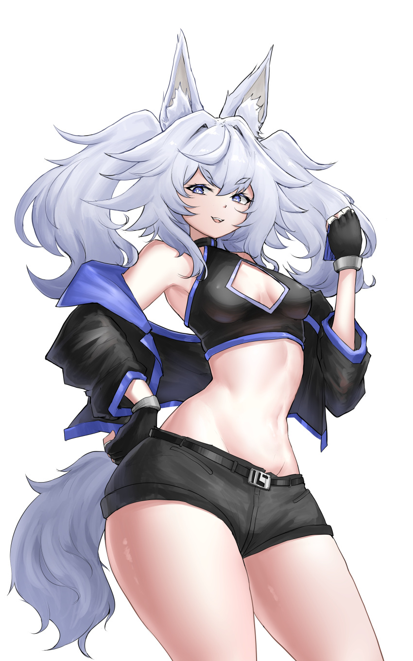 1girl absurdres alternate_costume animal_ear_fluff animal_ears bare_shoulders blue_eyes breasts cleavage_cutout clothing_cutout cowboy_shot crop_top fingerless_gloves girls'_frontline gloves groin heart heart-shaped_pupils highres long_hair looking_at_viewer medium_breasts navel off_shoulder open_mouth pa-15_(girls'_frontline) shiny_skin short_shorts shorts smile solo symbol-shaped_pupils tail thick_eyebrows thighs tofu_(killer150) twintails very_long_hair