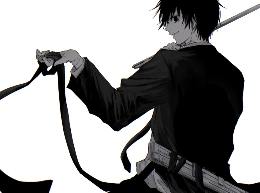 1boy black_hair black_ribbon black_suit dice hand_tattoo highres holding holding_dice holding_weapon looking_back male_focus nagumo_(sakamoto_days) necktie ribbon rokuen_skd sakamoto_days scabbard sheath smile suit tattoo weapon white_background