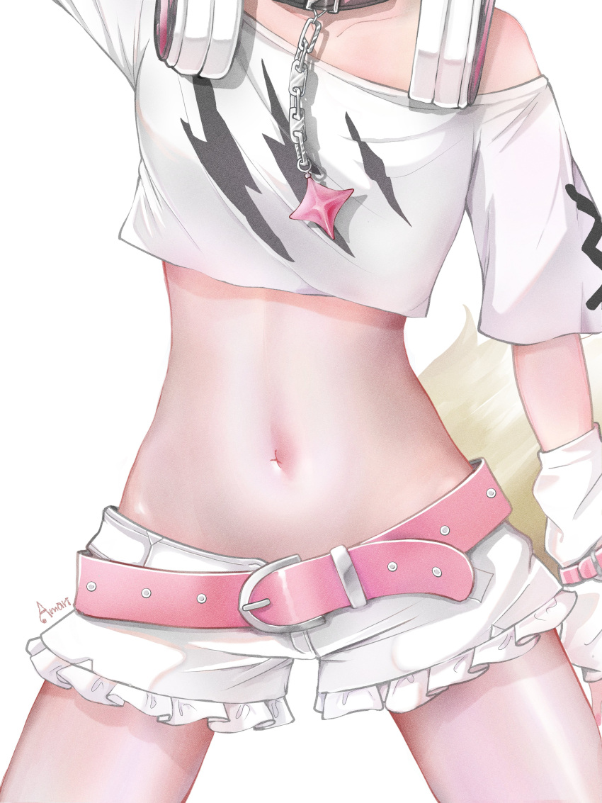 1girl absurdres belt chain collar crop_top head_out_of_frame headphones headphones_around_neck highres hololive hololive_english laki_amari lower_body midriff mococo_abyssgard mococo_abyssgard_(1st_costume) navel off_shoulder shorts simple_background solo virtual_youtuber white_background