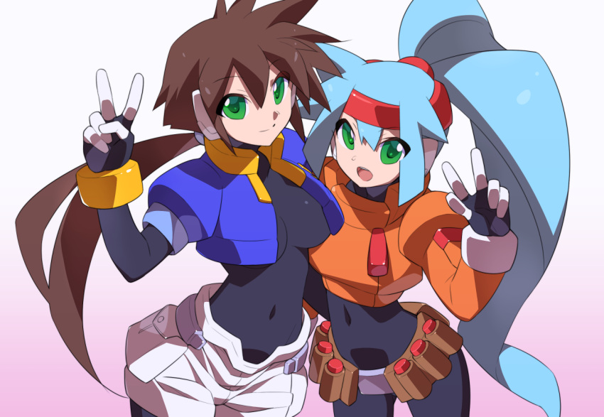 2girls aile_(mega_man_zx) ashe_(mega_man) blue_hair bodysuit bodysuit_under_clothes breasts brown_hair cropped_jacket green_eyes hair_between_eyes high_ponytail jacket kaidou_zx large_breasts long_hair medium_breasts mega_man_(series) mega_man_zx mega_man_zx_advent multiple_girls navel open_clothes open_jacket ponytail robot_ears shorts skin_tight v