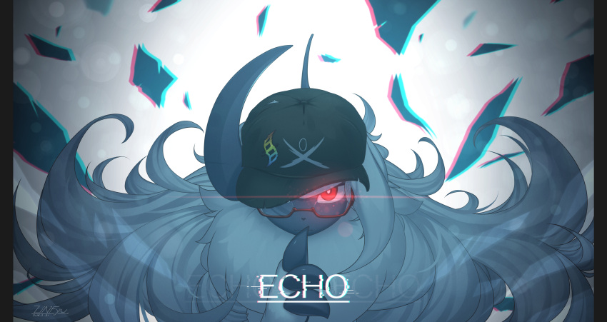 absol absurdres baseball_cap claws english_text glasses glowing glowing_eye hat highres horns index_finger_raised looking_at_viewer no_humans pokemon pokemon_(creature) red_eyes single_horn tail white_background white_fur zinfyu