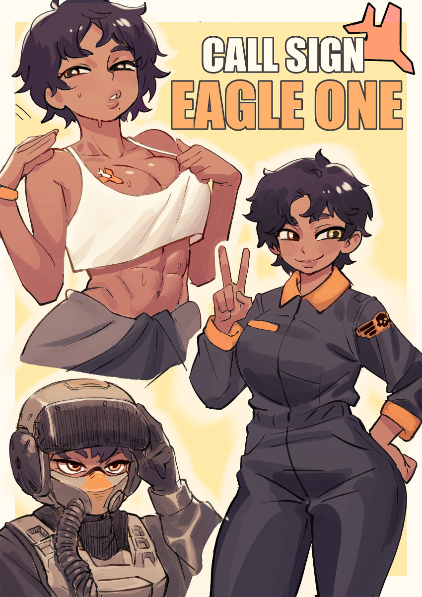 1girl abs absurdres breasts brown_hair cleavage colo_(nagrolaz) dark_skin eagle_1_(helldivers) helldivers_(series) highres jumpsuit large_breasts messy_hair muscular muscular_female navel pilot pilot_helmet pilot_suit short_hair tattoo thick_eyebrows tomboy yellow_background yellow_eyes