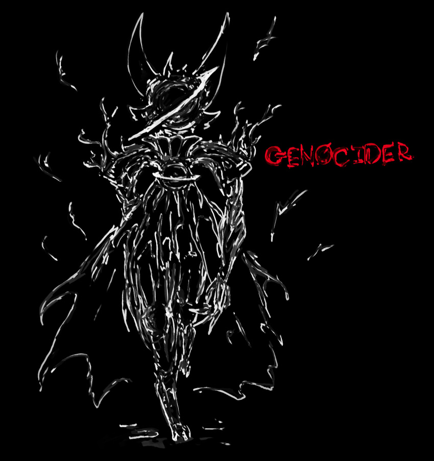 ambiguous_gender anthro black_and_white black_background black_hole cape celestial_body claws clothing digitigrade ears_up hi_res in_motion jejunumiper monochrome monster muscular red_text restricted_palette simple_background solo text torn_clothing unknown_species walking walking_towards_viewer white_line_art