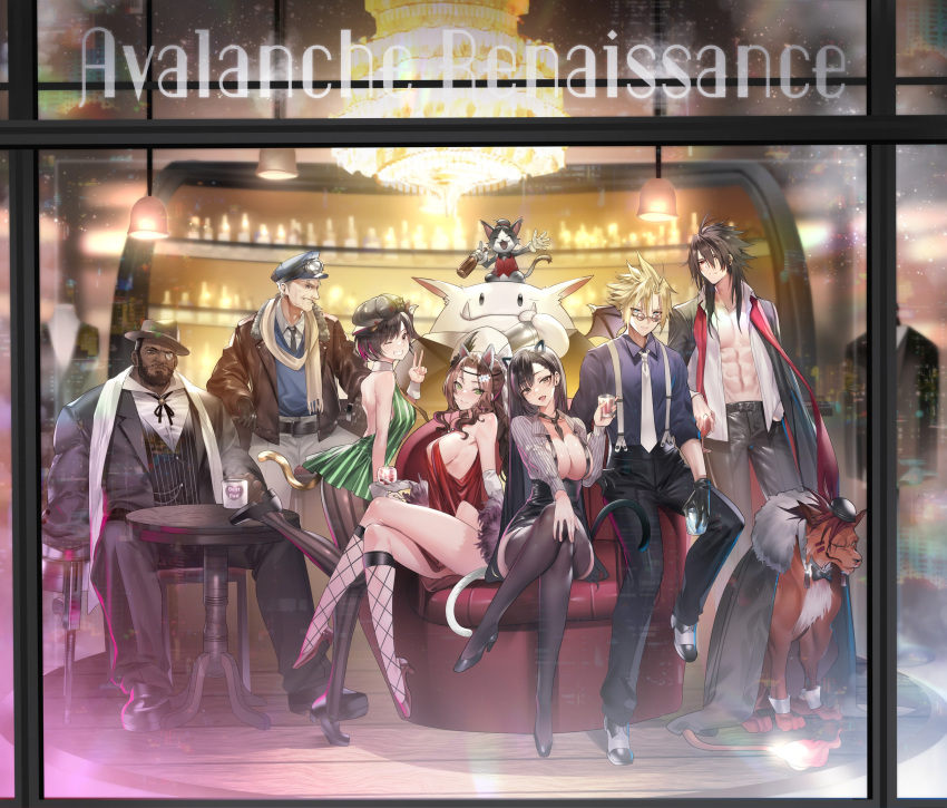 3girls 6+boys abs absurdres aerith_gainsborough animal_ears backwards_hat barret_wallace black_hair blonde_hair breasts brown_hair cabbie_hat cait_sith_(ff7) cat_ears cat_tail cid_highwind cloud_strife coffee_mug cup dark-skinned_male dark_skin fake_animal_ears fake_tail final_fantasy final_fantasy_vii hat highres large_breasts long_scarf moogle mug multiple_boys multiple_girls open_clothes open_shirt peaked_cap red_hair red_xiii scarf sitting smile suit tail teddy_(khanshin) tifa_lockhart vincent_valentine yuffie_kisaragi