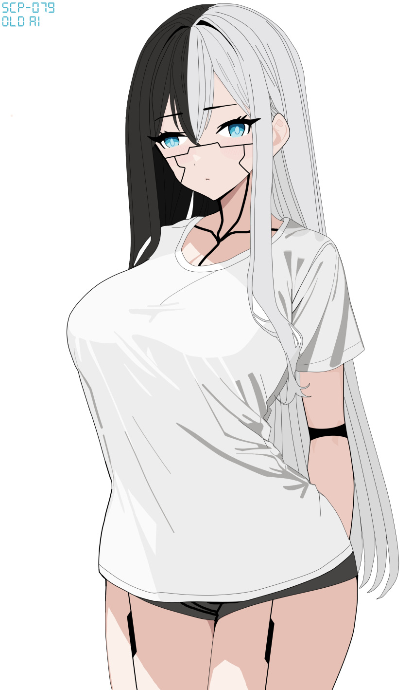 1girl absurdres asymmetrical_hair black_hair blue_eyes breasts highres humanoid_robot large_breasts long_hair looking_at_viewer robot robot_girl scp-079 scp_foundation shirt shorts simple_background solo white_background white_hair white_shirt