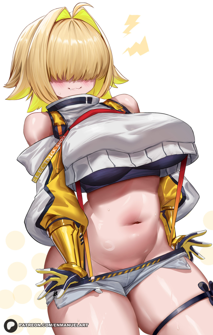 1girl ahoge bare_shoulders black_sports_bra blonde_hair blush breasts closed_mouth commentary crop_top crop_top_overhang cropped_sweater elegg_(nikke) enma_(enmanuelart) exposed_pocket fang fang_out goddess_of_victory:_nikke groin hair_intakes hair_over_eyes highres large_breasts long_bangs long_sleeves medium_hair multicolored_hair navel paid_reward_available patreon_logo patreon_username short_shorts shorts simple_background smile solo sports_bra thighs two-tone_hair watermark web_address white_background