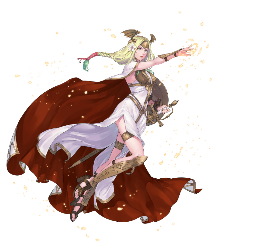 1girl absurdres arm_guards armor blonde_hair braid cape chain closed_mouth commentary_request dress fire_emblem fire_emblem:_three_houses fire_emblem_heroes flower gradient_hair green_eyes green_hair hair_flower hair_ornament high_heels highres lips long_dress long_hair low-braided_long_hair low-tied_long_hair multicolored_hair nishiki_areku official_art sandals seiros_(fire_emblem) seiros_shield serious shield single_braid sleeveless sleeveless_dress solo sword sword_of_seiros thigh_strap toeless_footwear toes transparent_background two-tone_hair weapon white_dress