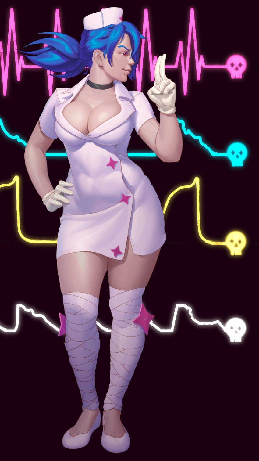 +_+ 1girl absurdres ass bandaged_leg bandages black_choker blue_hair breasts cardiogram choker cleavage commentary dress entheighth eyepatch flats full_body gloves hair_over_one_eye hand_on_own_hip hat heartbeat highres large_breasts mask mouth_mask nurse nurse_cap one-eyed ponytail profile red_eyes short_dress skullgirls solo standing surgical_mask thighs valentine_(skullgirls) white_dress white_footwear white_gloves