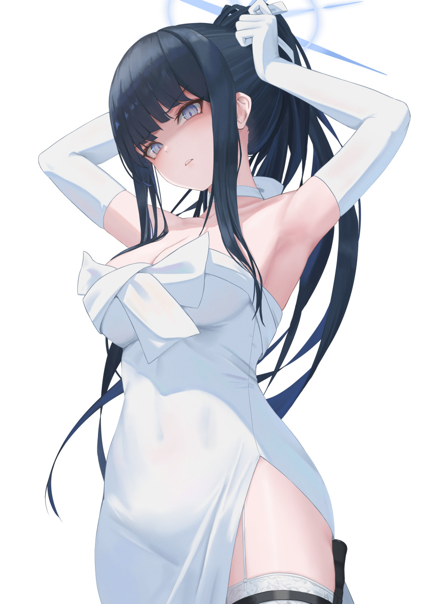 1girl absurdres adjusting_hair armpits arms_up bare_shoulders black_hair blue_archive blue_eyes blue_halo commentary_request covered_navel cowboy_shot dress elbow_gloves gloves halo highres holster official_alternate_costume official_alternate_hairstyle pige_pig ponytail saori_(blue_archive) saori_(dress)_(blue_archive) shaded_face side_slit simple_background solo thigh_holster white_background white_dress white_gloves