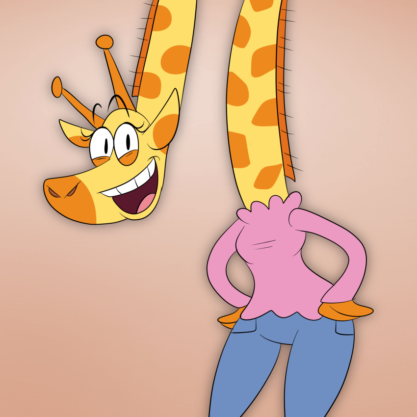anthro blue_bottomwear blue_clothing blue_pants bottomwear cartoon_network clothed clothing female flat_colors giraffe giraffid hi_res horn ingrid_giraffe long_neck looking_at_viewer mammal markings my_gym_partner's_a_monkey open_mouth pants pink_clothing pink_topwear scobionicle99 smile solo spots spotted_markings toony topwear