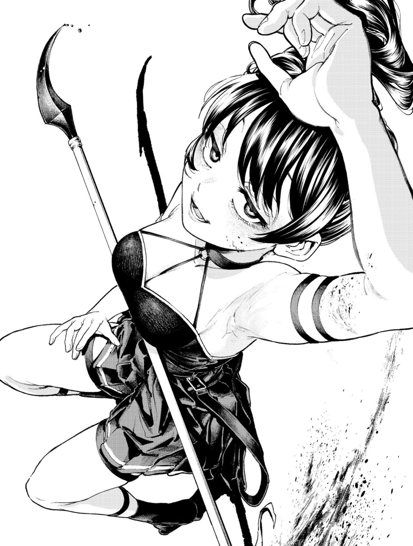 1girl arm_strap arm_up armpits bare_shoulders belt between_breasts blood blood_on_arm blood_on_face blood_splatter breasts choker dress dutch_angle gloves greyscale halterneck highres ihsuta3 knees_up looking_at_viewer lying mage_staff monochrome no_eyewear o-ring on_back open_mouth pleated_dress polearm shadow side_ponytail simple_background single_glove sleeveless sleeveless_dress smile socks solo sousou_no_frieren thigh_strap ubel_(sousou_no_frieren) weapon