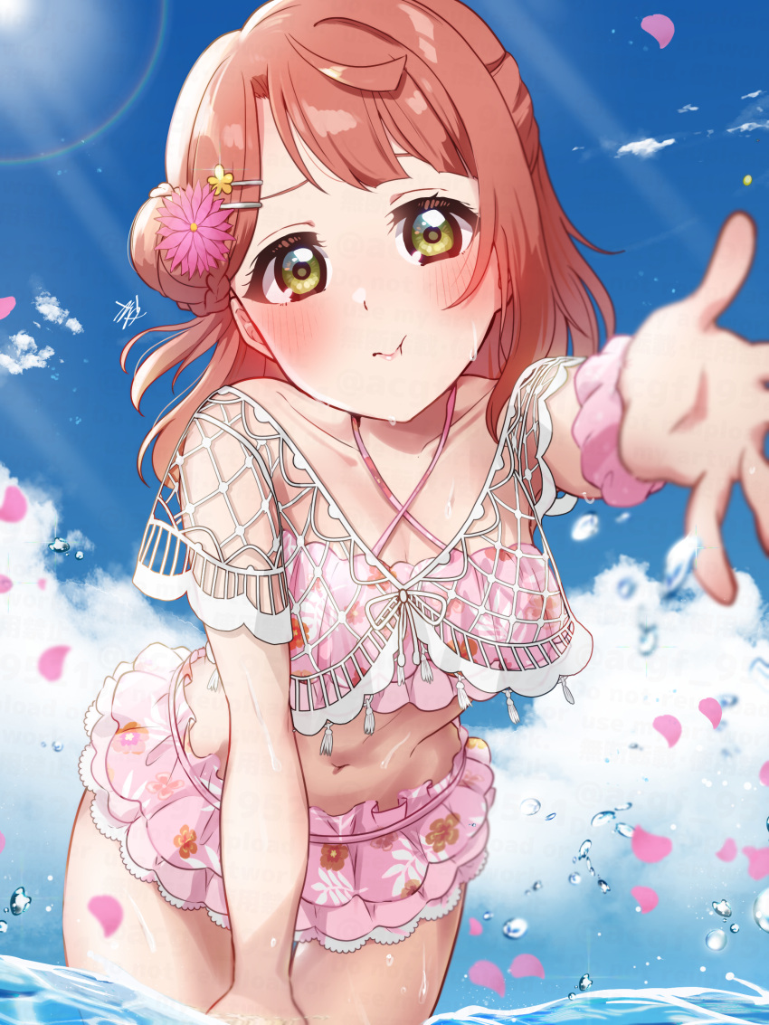 1girl absurdres bikini birthday blue_sky blush breasts cleavage cloud cloudy_sky collarbone commentary falling_petals flower hair_bun hair_flower hair_ornament highres kyaku_tatsu looking_at_viewer love_live! love_live!_nijigasaki_high_school_idol_club medium_breasts medium_hair multiple_hairpins orange_hair petals pout single_side_bun sky solo swimsuit uehara_ayumu upper_body water yellow_eyes