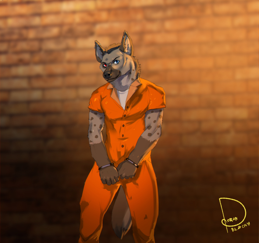 anthro bound clothed clothing cuff_(restraint) digital_media_(artwork) doranblacky ear_piercing fur handcuffs heterochromia hyena industrial_piercing looking_at_viewer male mammal markings mateo_salazar metal_cuffs orange_clothing piercing prison prison_uniform prisoner restrained restraints solo spots spotted_body spotted_fur spotted_hyena wall_(structure)