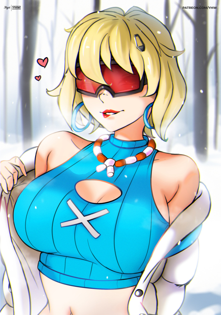 1girl absurdres artist_name bare_shoulders biting_own_lip blonde_hair blue_sweater breasts cleavage cleavage_cutout clothing_cutout cropped_sweater earrings evie_(fortnite) fortnite heart highres hoop_earrings jacket jewelry large_breasts looking_at_viewer mystyhw navel necklace off_shoulder official_alternate_costume official_alternate_hairstyle open_clothes open_jacket outdoors patreon_username red-tinted_eyewear red_lips ribbed_sweater short_hair sleeveless sleeveless_sweater snow snow_goggles snowing solo summitseeker_evie_(fortnite) sweater tinted_eyewear tree upper_body web_address white_jacket