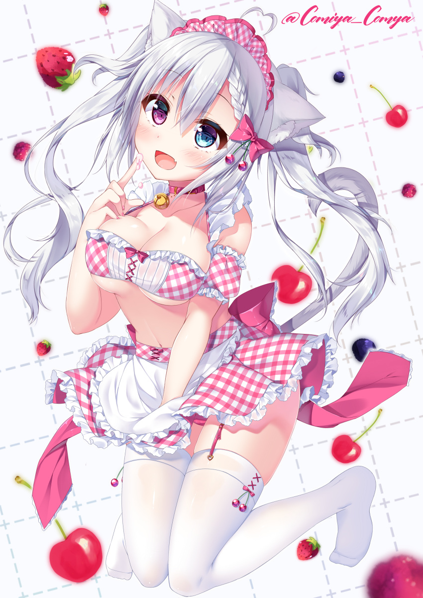 :d absurdres ahoge animal_ears apron bangs bare_shoulders bell bell_collar blue_eyes blueberry blush breasts cat_ears cat_girl cat_tail cherry cleavage collar collarbone commentary_request detached_sleeves eyebrows_visible_through_hair fang food food_on_finger frilled_apron frilled_skirt frills fruit garter_straps gingham hair_between_eyes head_tilt heart_ahoge heterochromia highres jingle_bell komiya_hitoma large_breasts long_hair looking_at_viewer maid navel no_shoes open_mouth original pink_collar pleated_skirt puffy_short_sleeves puffy_sleeves purple_eyes raspberry short_sleeves silver_hair skirt smile solo strawberry tail tail_raised thighhighs twintails twitter_username very_long_hair waist_apron white_apron white_legwear