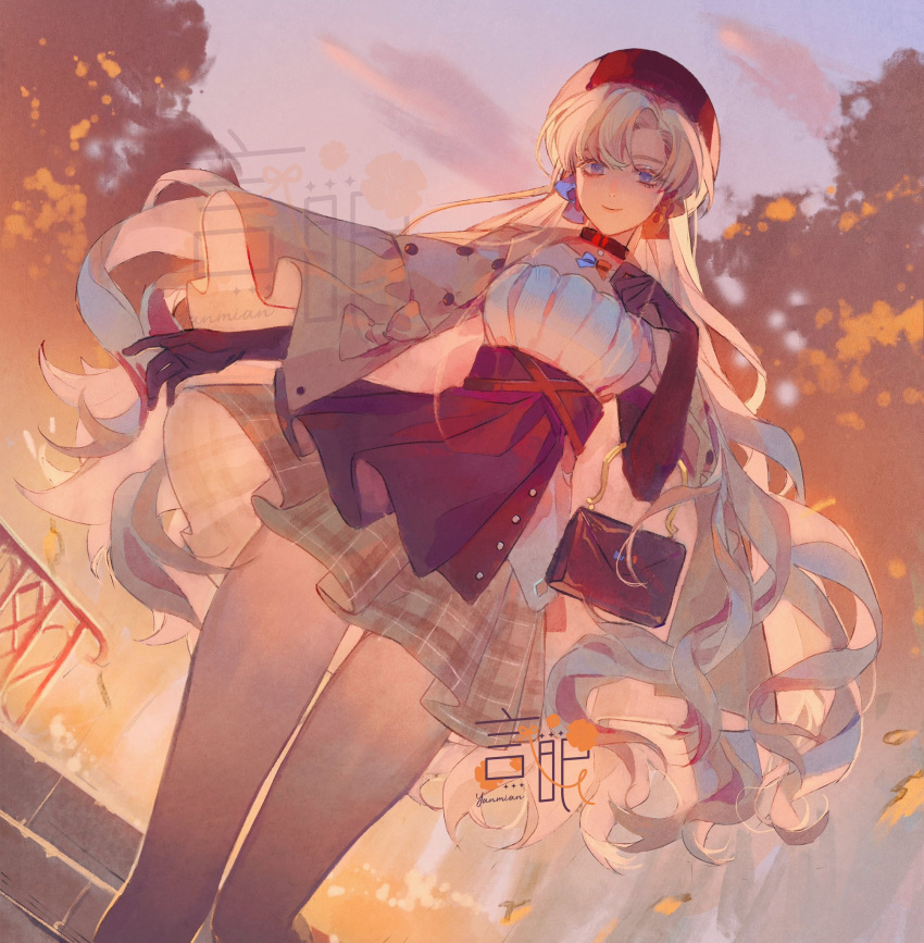 1girl artist_name autumn_leaves bag bare_legs beret blonde_hair blue_bow blue_eyes blue_sky bow bow_choker bow_earrings brown_jacket brown_skirt brown_sleeves buttons check_copyright choker closed_mouth cloud collarbone commentary copyright_request dutch_angle earrings elbow_gloves eyelashes feet_out_of_frame gloves hand_on_own_chest handbag hat highres jacket jacket_partially_removed jewelry long_hair long_sleeves looking_at_viewer miniskirt mismatched_earrings orange_bow original outdoors plaid plaid_skirt pleated_skirt polka_dot_sleeves railing red_bag red_choker red_gloves red_headwear shirt skirt sky smile solo stairs strapless strapless_shirt sunset symbol-only_commentary tree two-tone_bow very_long_hair white_shirt wide_sleeves yanmian_(printemps-noir)
