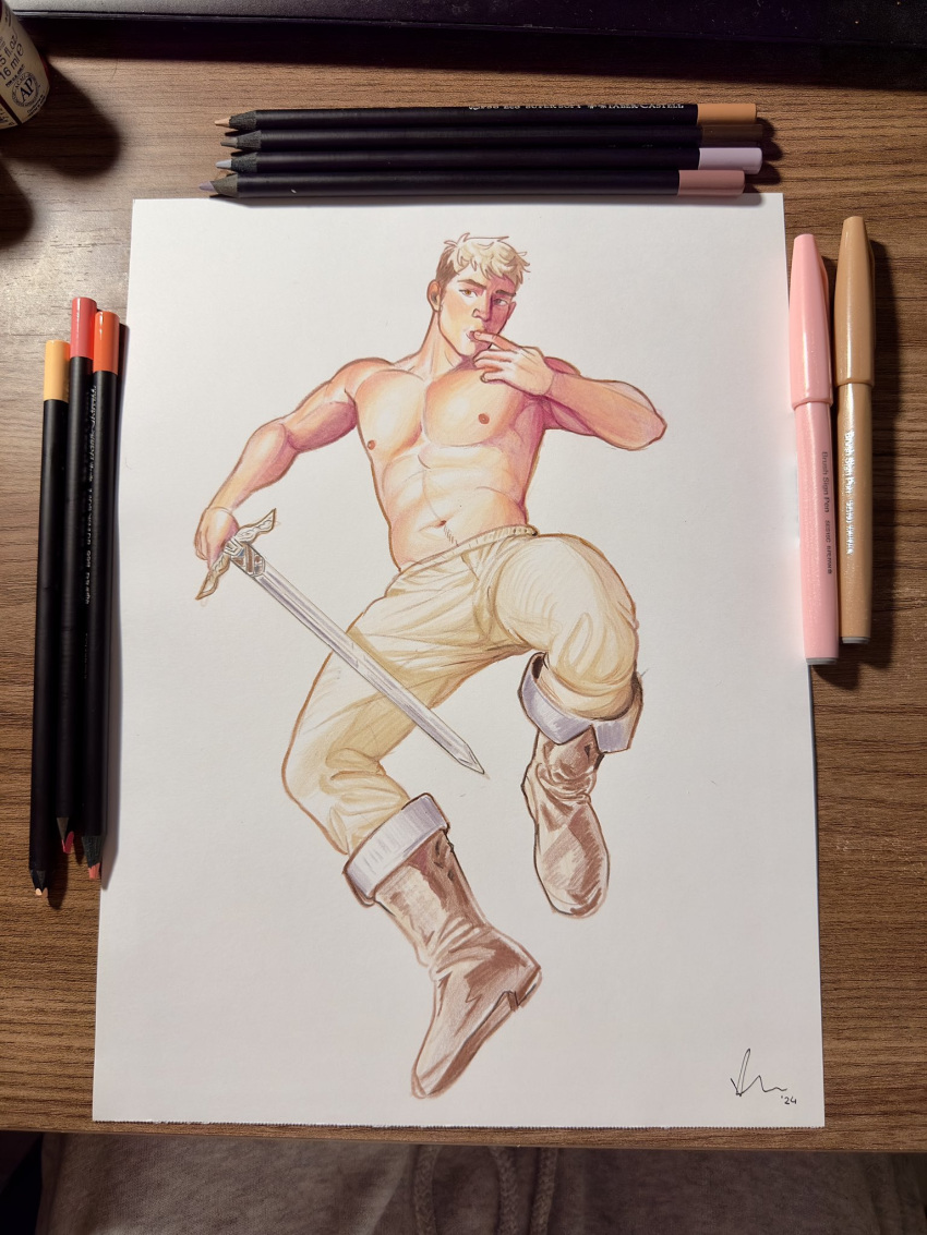 1boy art_tools_in_frame blonde_hair boots brown_footwear colored_pencil commentary dungeon_meshi english_commentary finger_to_mouth full_body hand_up highres holding holding_sword holding_weapon jumping knee_boots laios_thorden licking licking_finger looking_at_viewer male_focus navel nipples pants pencil photo_(medium) signature solo sword thedamnthinguy toned toned_male topless_male traditional_media undercut weapon winged_sword yellow_pants