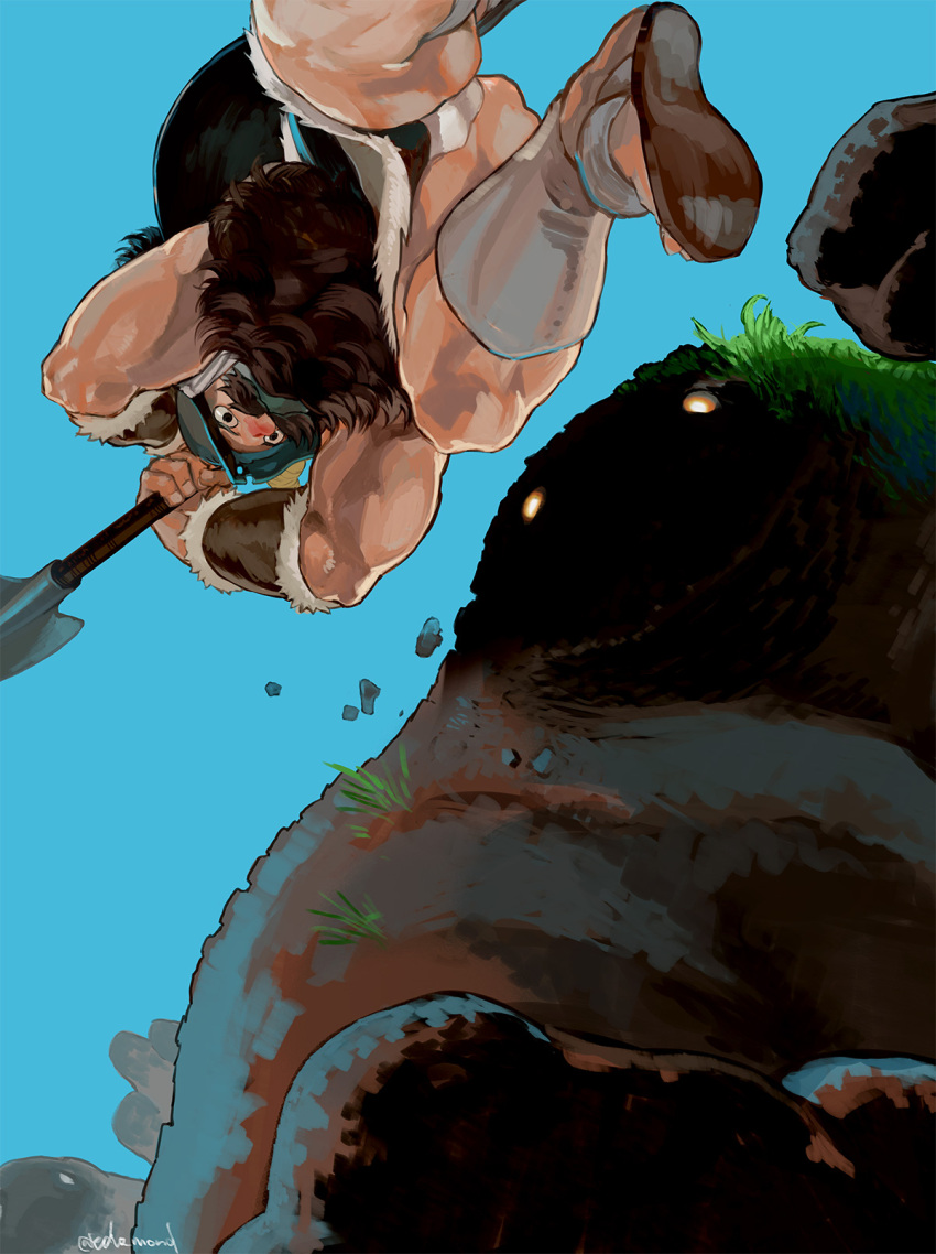 1boy arms_up ass_visible_through_thighs axe bara battle beard briefs brown_hair bulge dungeon_meshi dwarf edo_mond_(edoedoedomond) facial_hair fake_horns foot_out_of_frame from_below frown full_beard golem helmet highres holding holding_axe horned_helmet horns long_beard male_focus male_underwear mature_male monster muscular muscular_male panties pantyshot plant_on_head senshi_(dungeon_meshi) solo_focus thick_beard thick_mustache underwear very_long_beard white_male_underwear