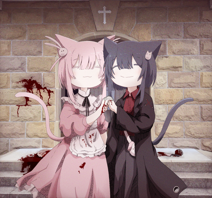 1other 2girls :3 altar animal_ears apron ashi_izumo bag black_hair black_pants black_ribbon blood blood_on_clothes blood_on_hands blood_on_knife blood_on_wall brick_wall cat_ears cat_girl cat_hair_ornament cat_tail closed_eyes closed_mouth collared_shirt corpse cowboy_shot cross crucifix dress hair_between_eyes hair_ornament hatching_(texture) highres holding_hands kitchen_knife knife long_dress long_sleeves medium_hair multiple_girls neck_ribbon no_nose original pants photo_background pink_dress pink_hair puffy_long_sleeves puffy_sleeves rabbit_hair_ornament raised_eyebrows red_shirt ribbon rock shirt shoulder_bag sidelocks smile tail waist_apron white_apron x