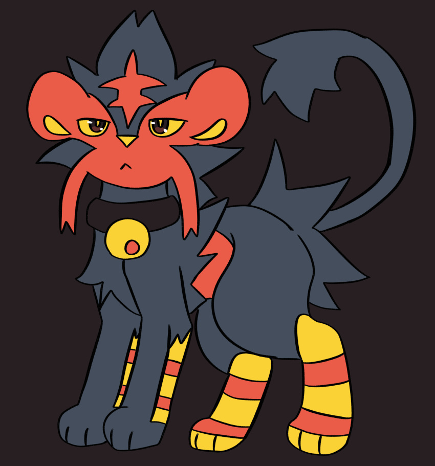 :&lt; absurd_res ambiguous_gender bell bell_collar black_eyes butt_tuft collar fakemon feral generation_4_pokemon generation_7_pokemon hi_res hybrid jackrabbit_(artist) litten luxray mane markings nintendo paws pokemon pokemon_(species) pupils solo striped_markings stripes tail tail_tuft tuft yellow_nose yellow_pupils yellow_sclera